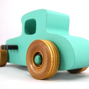 Handmade Wood Toy Car Hot Rod 1927 T-Coupe Painted with Turquoise,  Metallic Emerald Green, And Black Acrylic Paint With Wheels Finished With Nonmaring Amber Shellac Wheels