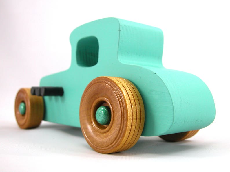 Handmade Wood Toy Car Hot Rod 1927 T-Coupe Painted with Turquoise,  Metallic Emerald Green, And Black Acrylic Paint With Wheels Finished With Nonmaring Amber Shellac Wheels