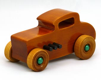 Wooden Toy Car Hot Rod '32 Deuce Coupe Handmade Amber Shellac Finish With Metallic Emerald Green and Black Trim - Made To Order