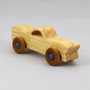 Handmade Wood Toy Car Miniature Pocket Size Itty Bitty Caddy Finished with Mineral Oil, Beeswax, and Metallic Sapphire Blue Acrylic Paint