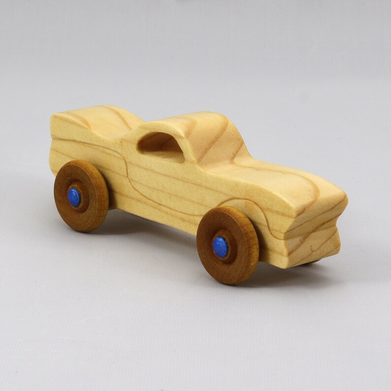 Handmade Wood Toy Car Miniature Pocket Size Itty Bitty Caddy Finished with Mineral Oil, Beeswax, and Metallic Sapphire Blue Acrylic Paint