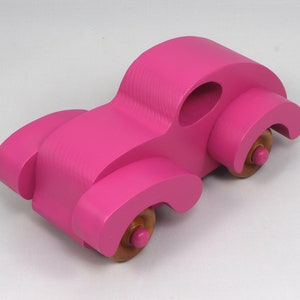 Wood Toy Car Handmade And Finished With Hot Pink Acrylic Paint and Amber Shellac From My Fat Fendered Ford Collection