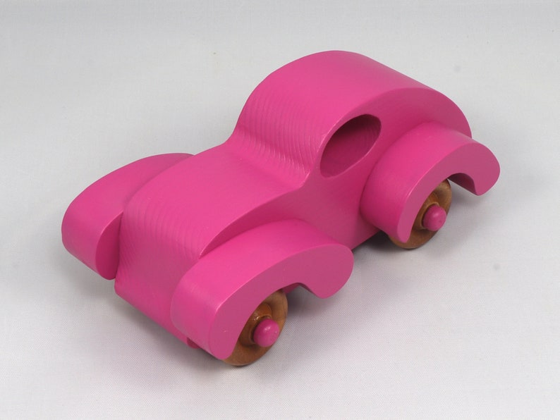 Wood Toy Car Handmade And Finished With Hot Pink Acrylic Paint and Amber Shellac From My Fat Fendered Ford Collection