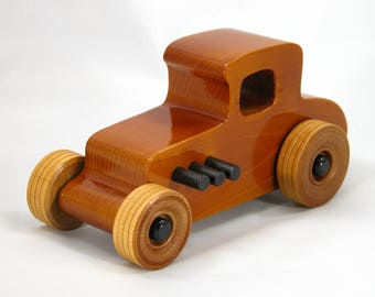 Handmade Wooden Toy Car: 1927 T-Coupe Hot Rod, Amber Shellac Finish