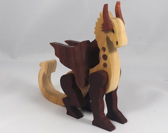 Wooden Dragon Figurine, Handmade Fantasy Statue in Contrasting Hardwoods, Desk and Shelf Decor