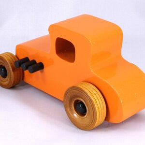 Handmade Wood Toy Car Hot Rod '27 T-Coupe Finished with Pumpkin Orange and Black Acrylic Paint and Amber Shellac