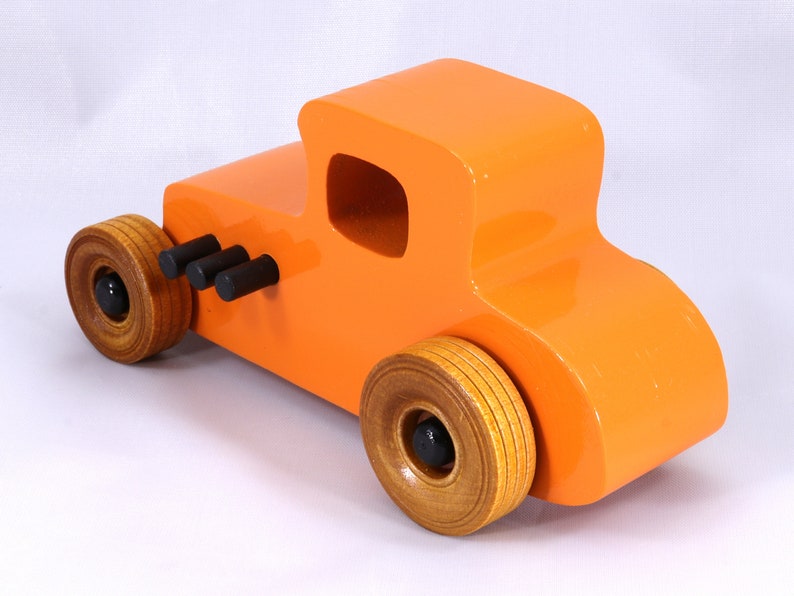 Handmade Wood Toy Car Hot Rod '27 T-Coupe Finished with Pumpkin Orange and Black Acrylic Paint and Amber Shellac