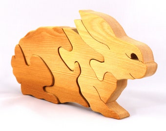 Wood Puzzle Bunny Rabbit Handmade Large Simple Four Parts and Free Standing