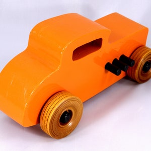 Handmade Wood Toy Car, Hot Rod '32 Deuce Coupe, Painted High Gloss Pumpkin Orange and trimmed with Black Acrylic Paint and Nonmaring Amber Shellac Finished Wheels