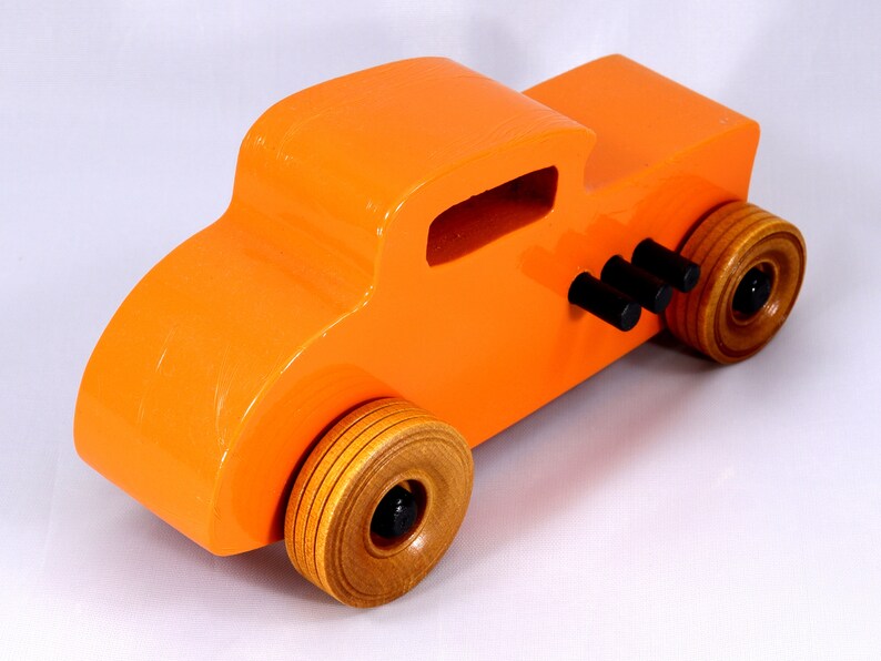 Handmade Wood Toy Car, Hot Rod '32 Deuce Coupe, Painted High Gloss Pumpkin Orange and trimmed with Black Acrylic Paint and Nonmaring Amber Shellac Finished Wheels