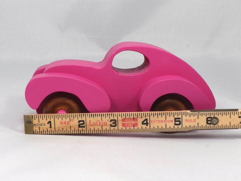 Wood Toy Car Handmade And Finished With Hot Pink Acrylic Paint and Amber Shellac From My Fat Fendered Ford Collection
