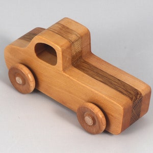 Handmade wooden toy pickup truck handmade from oak, poplar, and birch hardwoods with a satin polyurethane finish from my Play Pal Collection.