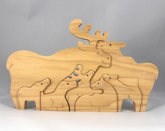 Wood Moose Family Stacking Puzzle: Educational Toy