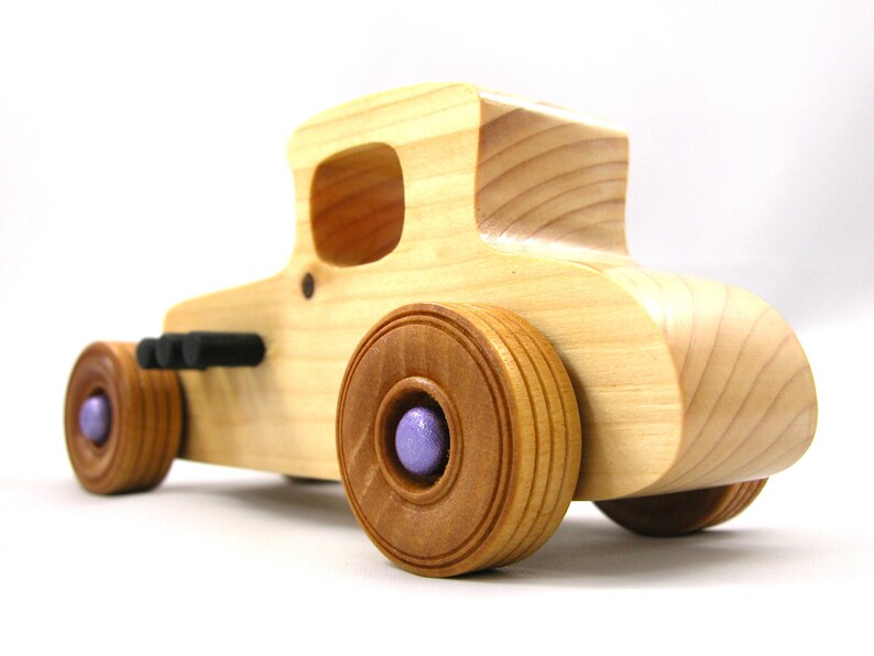 Handmade wooden toy car Hot Rod '27 T-Coupe handmade and finished with nontoxic amber shellac with metallic purple and black trim. From my Hot Rod Collection.