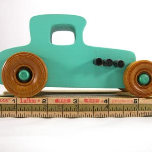 Handmade Wood Toy Car Hot Rod 1927 T-Coupe Painted with Turquoise,  Metallic Emerald Green, And Black Acrylic Paint With Wheels Finished With Nonmaring Amber Shellac Wheels