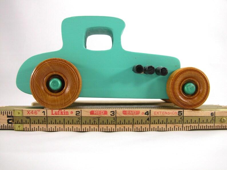 Handmade Wood Toy Car Hot Rod 1927 T-Coupe Painted with Turquoise,  Metallic Emerald Green, And Black Acrylic Paint With Wheels Finished With Nonmaring Amber Shellac Wheels