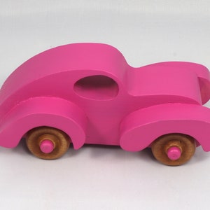 Wood Toy Car Handmade And Finished With Hot Pink Acrylic Paint and Amber Shellac From My Fat Fendered Ford Collection