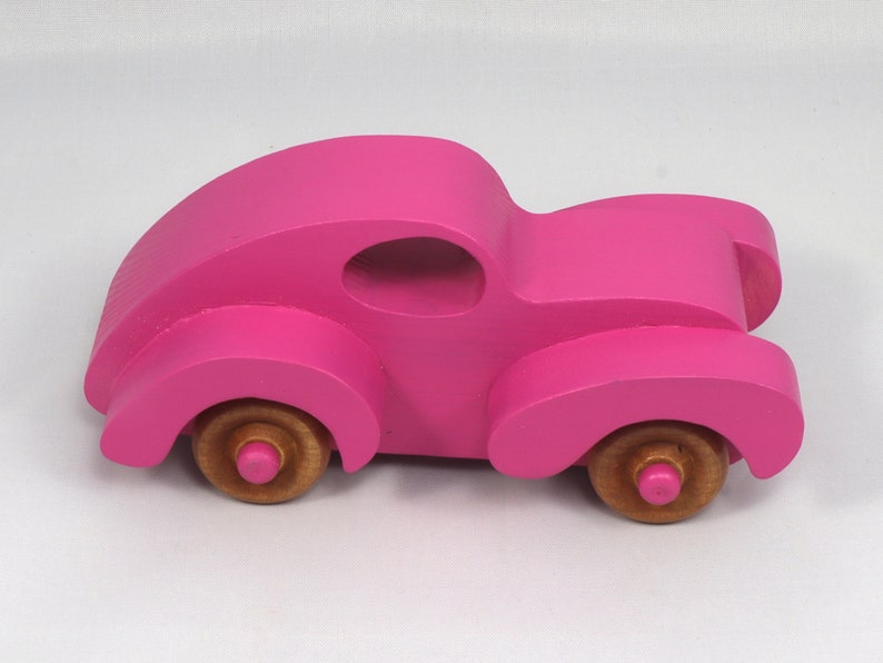 Wood Toy Car Handmade And Finished With Hot Pink Acrylic Paint and Amber Shellac From My Fat Fendered Ford Collection