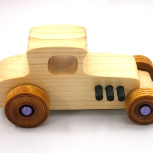 Handmade wooden toy car Hot Rod '27 T-Coupe handmade and finished with nontoxic amber shellac with metallic purple and black trim. From my Hot Rod Collection.
