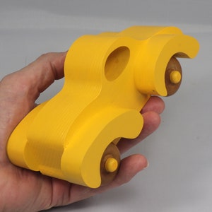 Wood Toy Car Fat Fendered Coupe Painted Bright Yellow and Amber Shellac