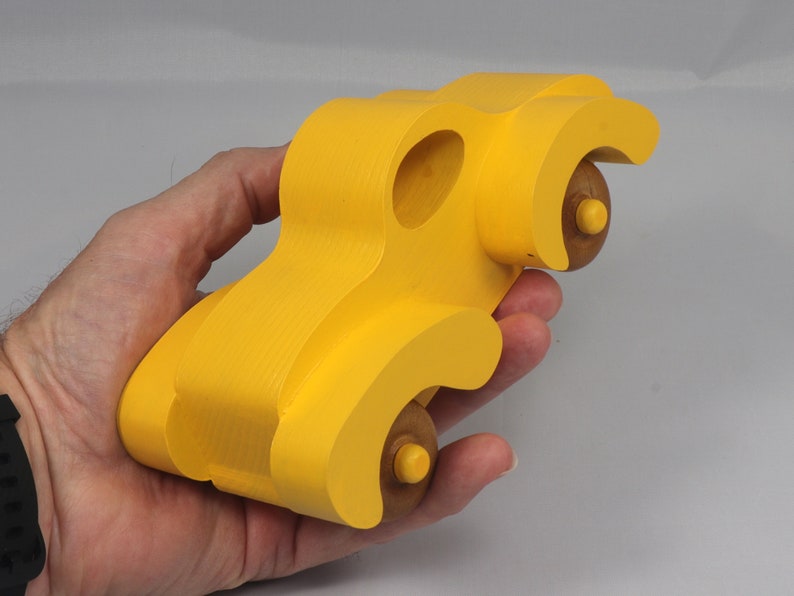 Wood Toy Car Fat Fendered Coupe Painted Bright Yellow and Amber Shellac