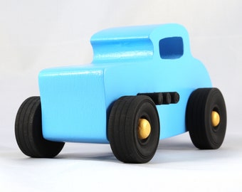 Wooden Toy Car, Hot Rod 1932 Deuce Coupe, Handmade and Painted with Baby Blue, Black, and Metallic Gold Acrylic Paint, Made To Order