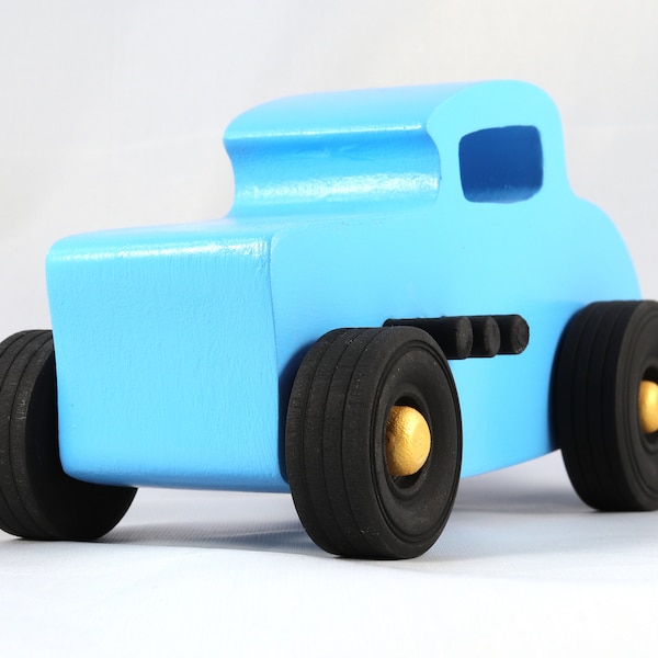 Wooden Toy Car, Hot Rod 1932 Deuce Coupe, Handmade and Painted with Baby Blue, Black, and Metallic Gold Acrylic Paint, Made To Order