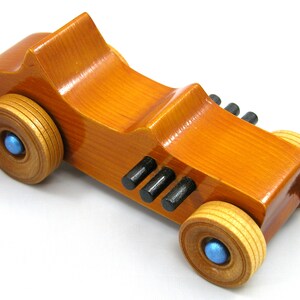 Handmade Wood Toy Car Hot Rod 1927 T-Bucket Amber Shellac Finish With Metallic Sapphire Blue and Black Trim