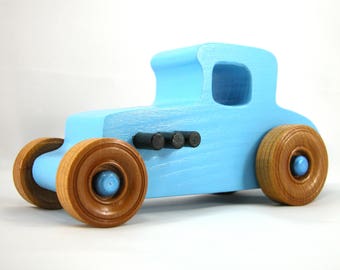 Wooden Toy Car Hot Rod 1927 T-Coupe Handmade and Painted Baby Blue With Black And Metallic Sapphire Blue Trim with Amber Shellac Wheels