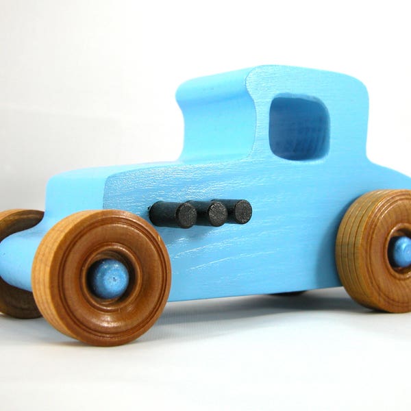 Wooden Toy Car Hot Rod 1927 T-Coupe Handmade and Painted Baby Blue With Black And Metallic Sapphire Blue Trim with Amber Shellac Wheels