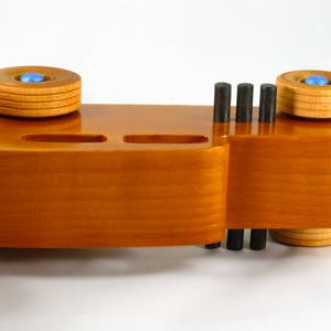 Handmade Wood Toy Car Hot Rod 1932 Sedan Finished With Amber Shellac And Trimmed With Metallic Saphire Blue And Black Acrylic Paint From My Hot Rod Collection