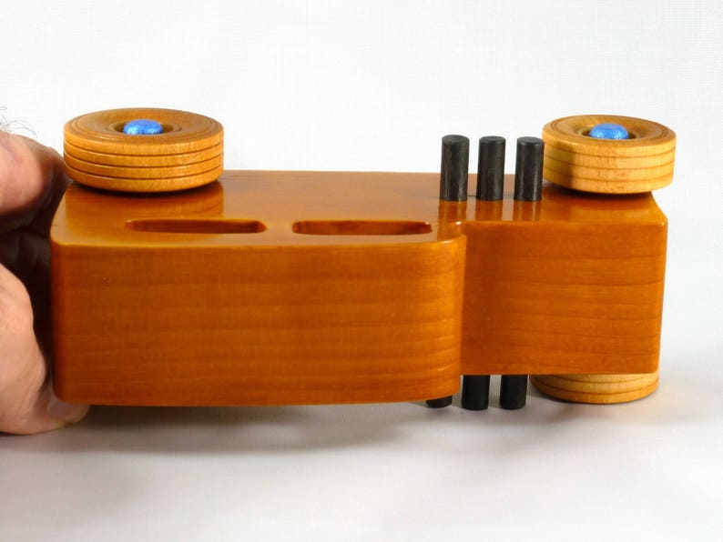 Handmade Wood Toy Car Hot Rod 1932 Sedan Finished With Amber Shellac And Trimmed With Metallic Saphire Blue And Black Acrylic Paint From My Hot Rod Collection