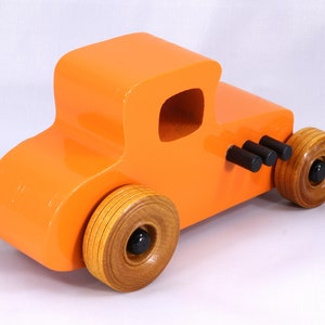 Handmade Wood Toy Car Hot Rod '27 T-Coupe Finished with Pumpkin Orange and Black Acrylic Paint and Amber Shellac