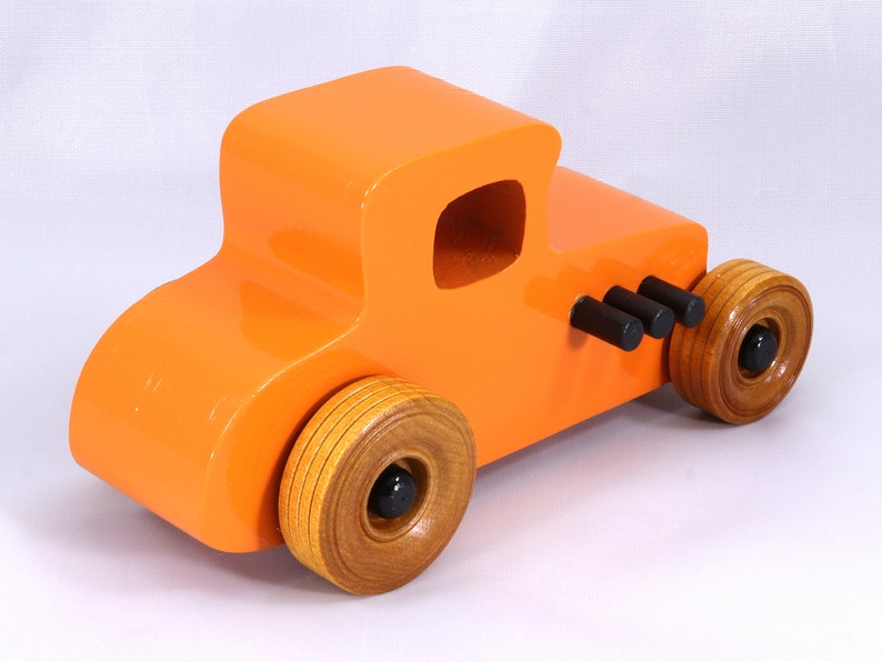 Handmade Wood Toy Car Hot Rod '27 T-Coupe Finished with Pumpkin Orange and Black Acrylic Paint and Amber Shellac