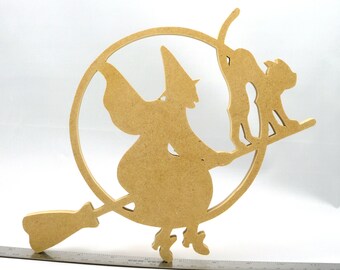 Witch and a Cat on a Broom In Front of a Full Moon, Shilouette, Cutout, Handmade Halloween Decoration, Sign, Plaque, Made To Order