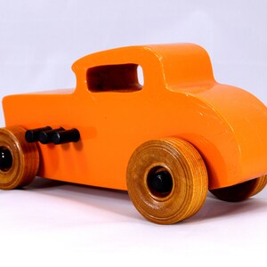 Handmade Wood Toy Car, Hot Rod '32 Deuce Coupe, Painted High Gloss Pumpkin Orange and trimmed with Black Acrylic Paint and Nonmaring Amber Shellac Finished Wheels