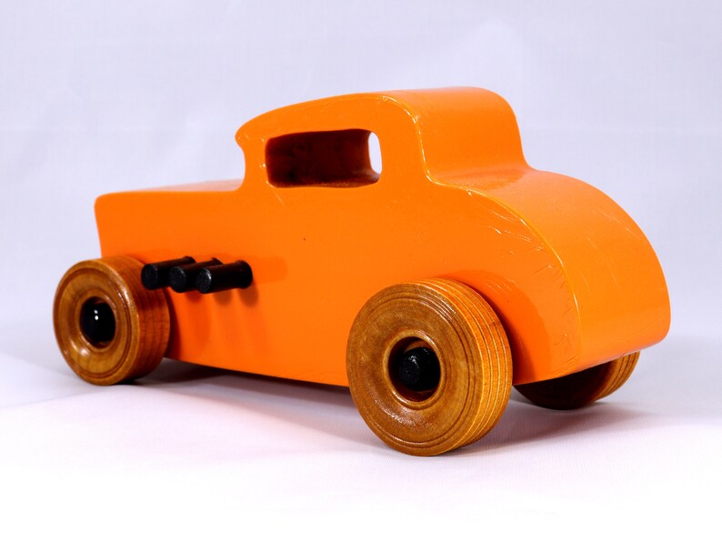 Handmade Wood Toy Car, Hot Rod '32 Deuce Coupe, Painted High Gloss Pumpkin Orange and trimmed with Black Acrylic Paint and Nonmaring Amber Shellac Finished Wheels