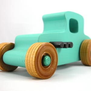 Handmade Wood Toy Car Hot Rod 1927 T-Coupe Painted with Turquoise,  Metallic Emerald Green, And Black Acrylic Paint With Wheels Finished With Nonmaring Amber Shellac Wheels