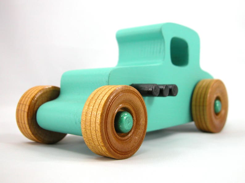 Handmade Wood Toy Car Hot Rod 1927 T-Coupe Painted with Turquoise,  Metallic Emerald Green, And Black Acrylic Paint With Wheels Finished With Nonmaring Amber Shellac Wheels