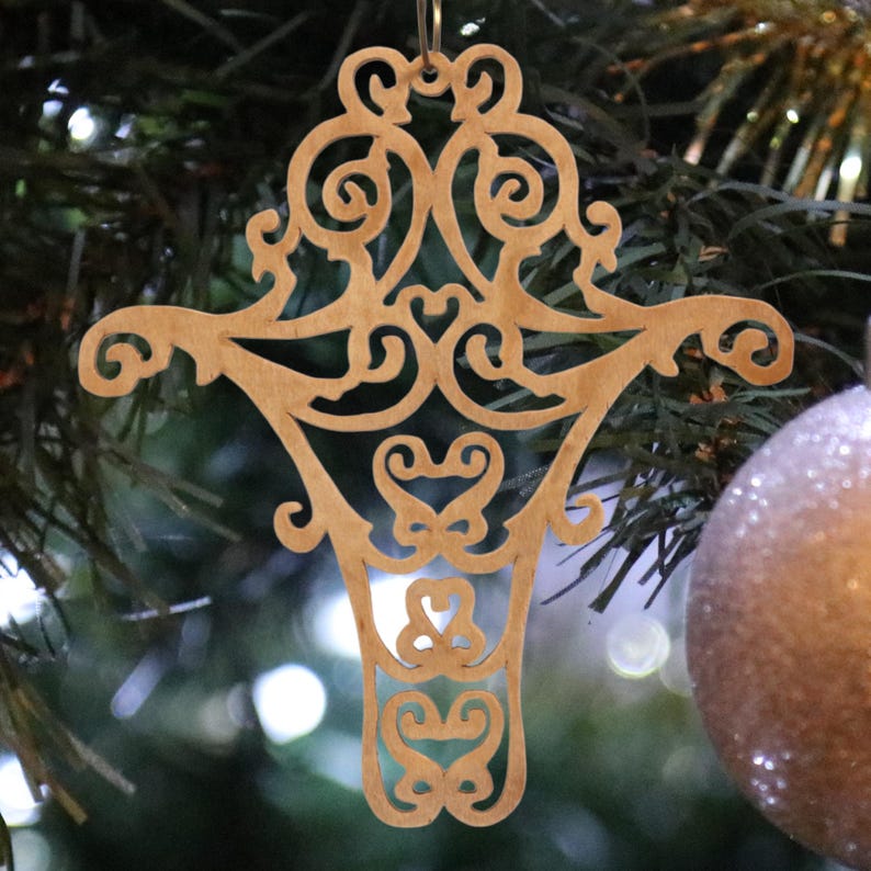 Handmade Wooden Victorian Style Fretwork Cross Christmas Tree Ornament - Made In USA