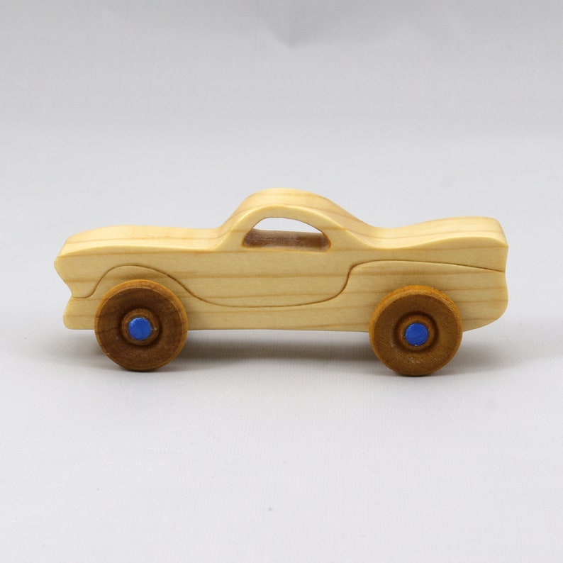 Handmade Wood Toy Car Miniature Pocket Size Itty Bitty Caddy Finished with Mineral Oil, Beeswax, and Metallic Sapphire Blue Acrylic Paint