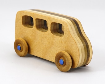 Handmade Wood Toy Minivan: Sapphire Blue Trim, Clear Shellac Finish