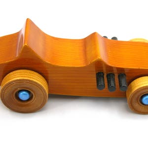 Handmade Wood Toy Car Hot Rod 1927 T-Bucket Amber Shellac Finish With Metallic Sapphire Blue and Black Trim