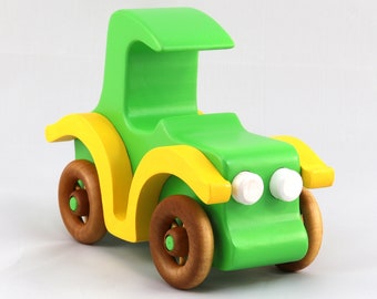 Wooden Toy Car: Handmade Vintage Style Model T, Green & yellow, Made In The USA