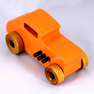 Handmade Wood Toy Car, Hot Rod '32 Deuce Coupe, Painted High Gloss Pumpkin Orange and trimmed with Black Acrylic Paint and Nonmaring Amber Shellac Finished Wheels