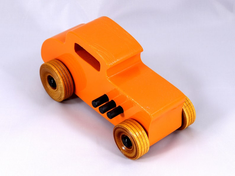 Handmade Wood Toy Car, Hot Rod '32 Deuce Coupe, Painted High Gloss Pumpkin Orange and trimmed with Black Acrylic Paint and Nonmaring Amber Shellac Finished Wheels