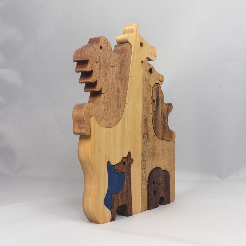 Safari Animal Puzzle, Handmade From Premium Hardwood Wood and Hand Finished, Free Standing, Standalone, and Stackable