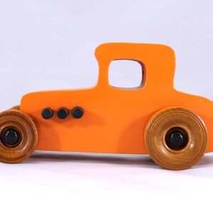 Handmade Wood Toy Car Hot Rod '27 T-Coupe Finished with Pumpkin Orange and Black Acrylic Paint and Amber Shellac