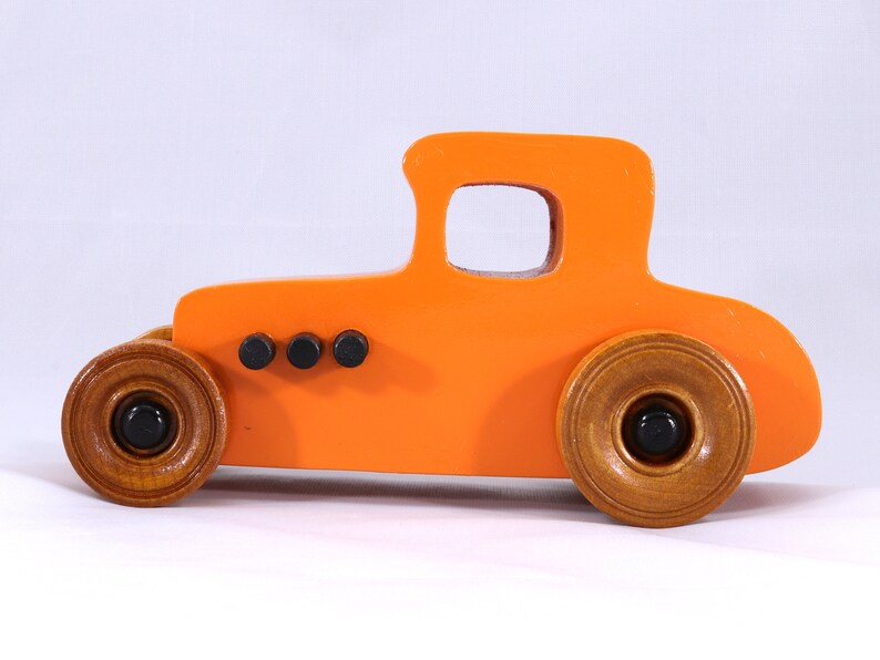 Handmade Wood Toy Car Hot Rod '27 T-Coupe Finished with Pumpkin Orange and Black Acrylic Paint and Amber Shellac