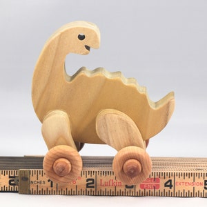 Handmade wooden push toy dinosaur made from select grade hardwoods and finished with a non-toxic coating.